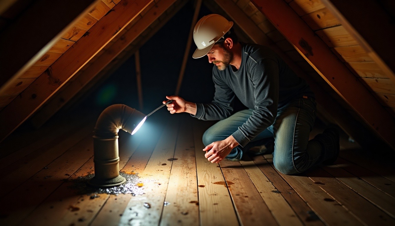roofer in an attic pointing a flashlight at a wet spot on the roof decking near a vent pipe