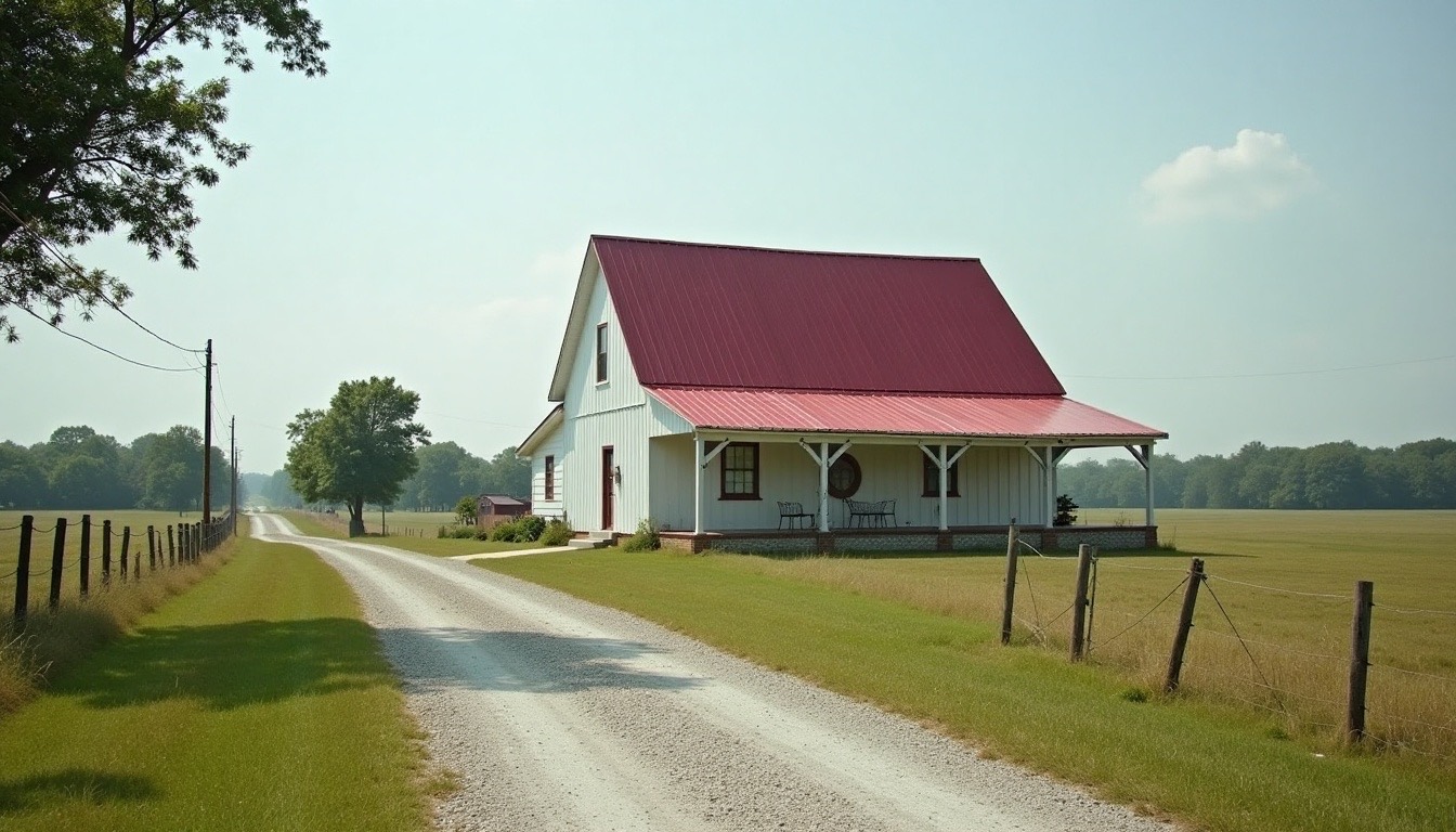 white farmhouse with a red metal roof and a long gravel driveway off a two-lane Alabama highway, pasture