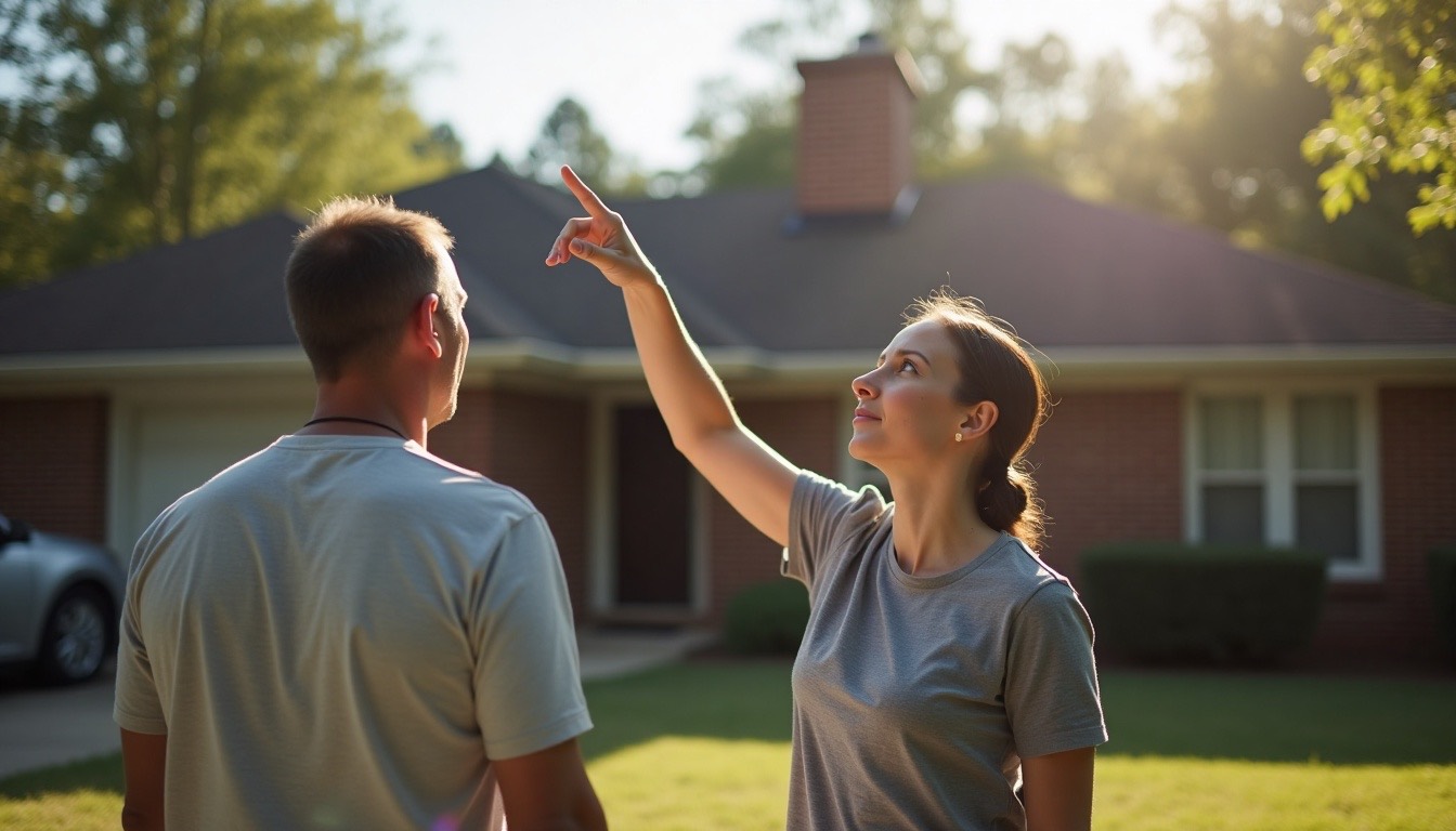 roofer at a kitchen table handing a homeowner a written estimate with roof photos on a tablet