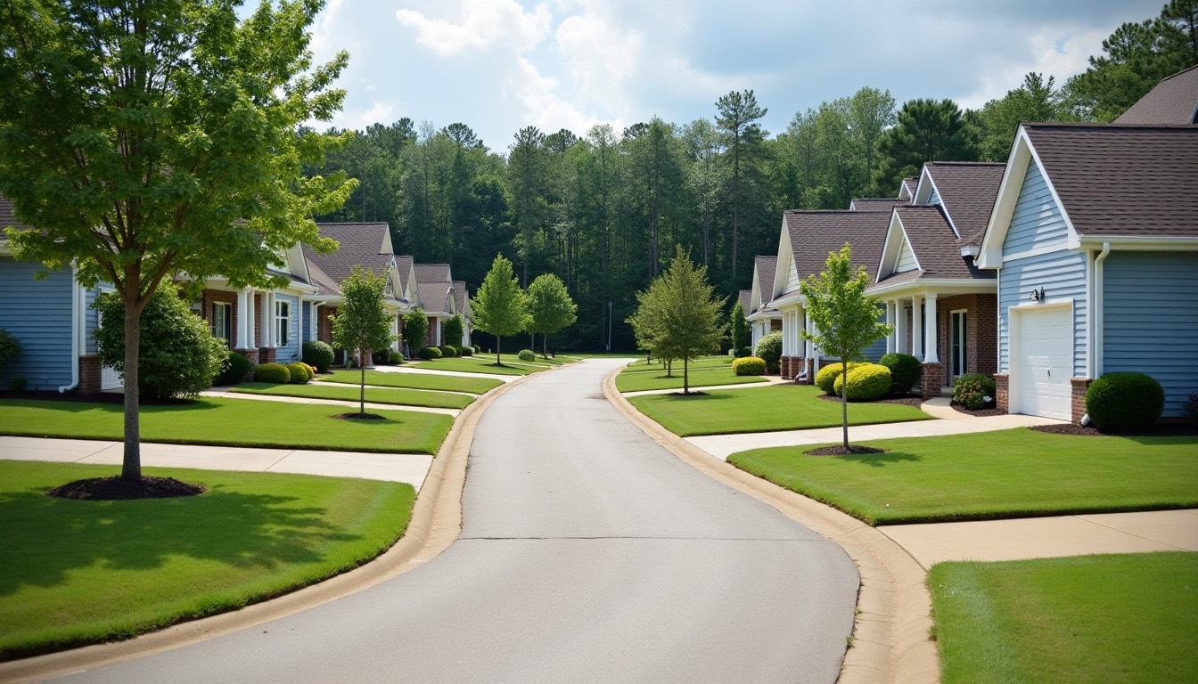 newer vinyl-sided subdivision homes with shingle roofs on a curved street in east Tuscaloosa County, summer