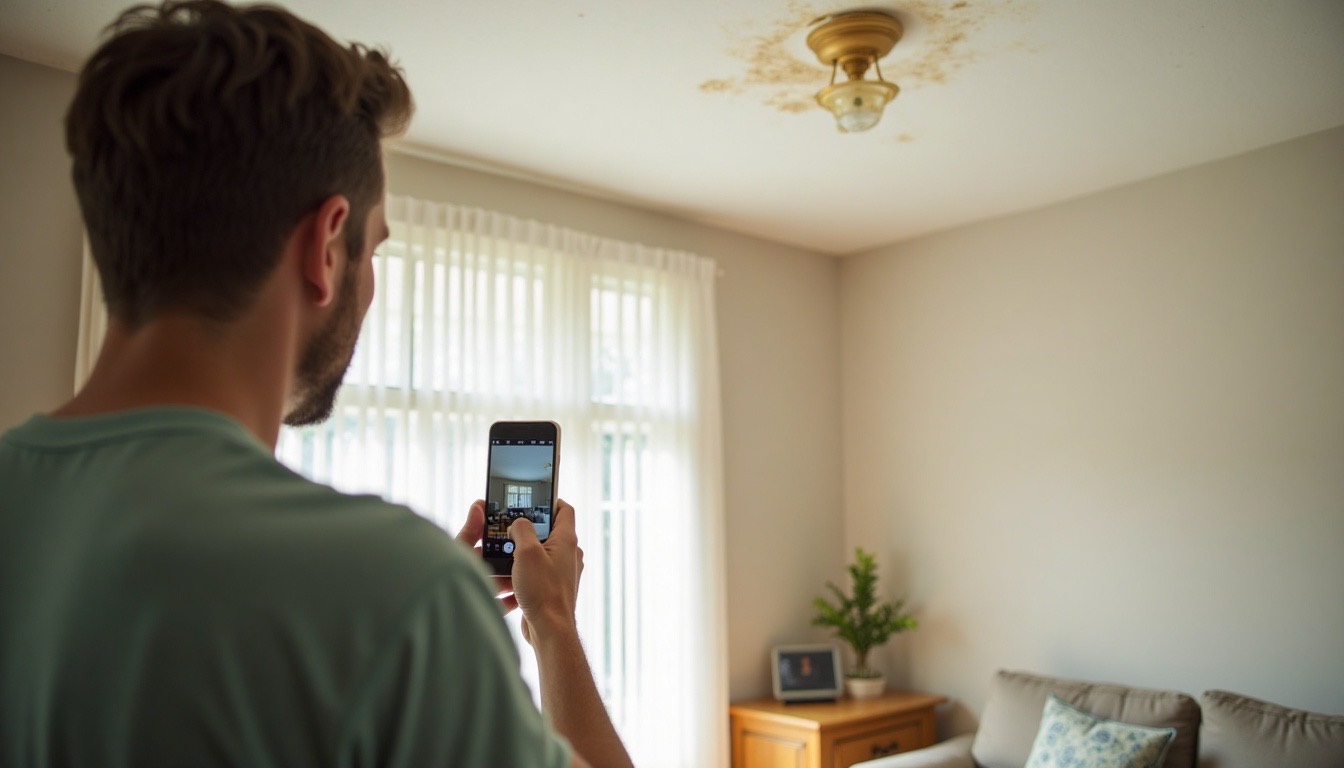 homeowner photographing a water stain on a ceiling with a phone, bright living room
