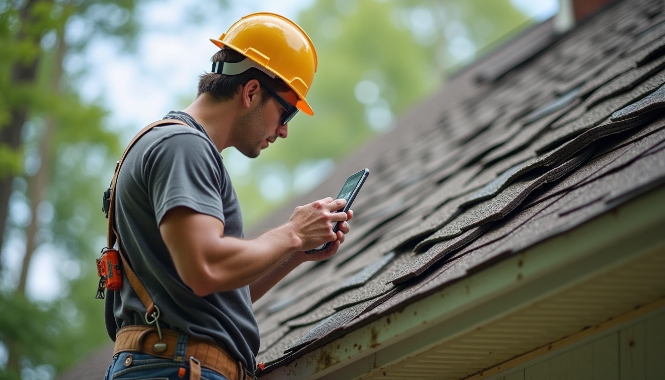 roofer on a ladder at the eave taking a photo of shingles with a phone, clipboard visible, daylight