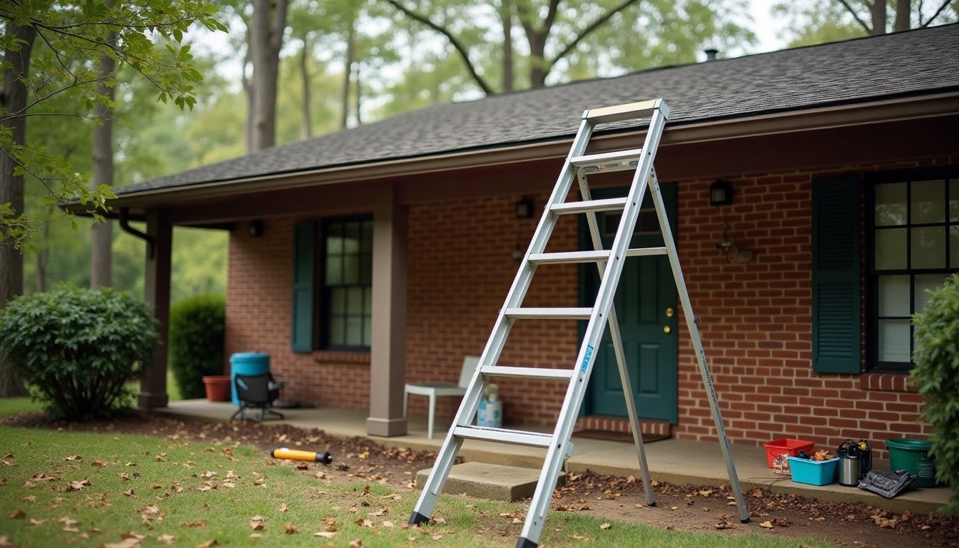 extension ladder set against the eave of a brick ranch home, roofing tools on the ground, Alabama