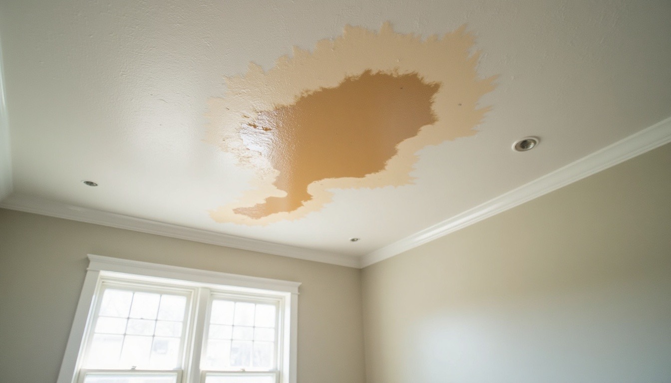 water stain on a textured ceiling in a southern home, realistic