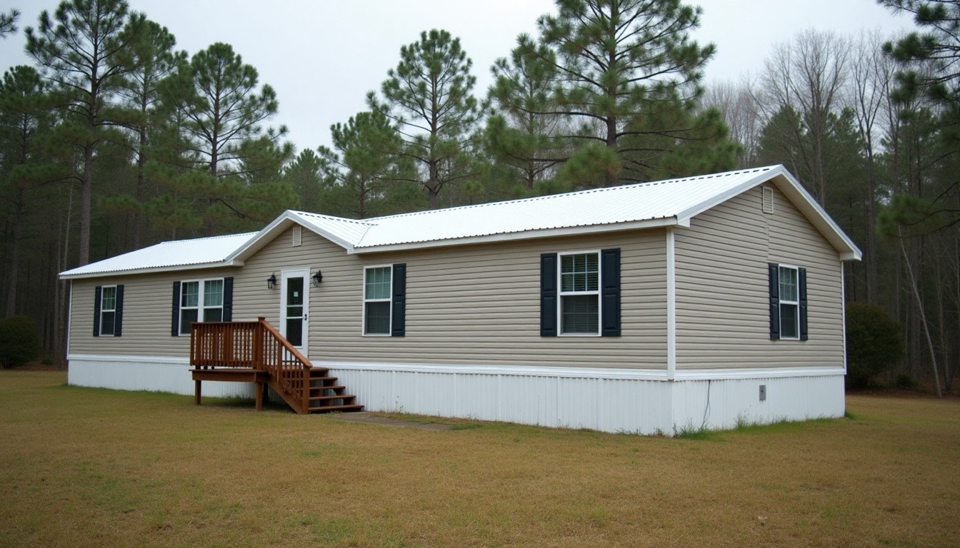 single-wide manufactured home with a white metal roof on a rural Alabama lot, pine trees, overcast