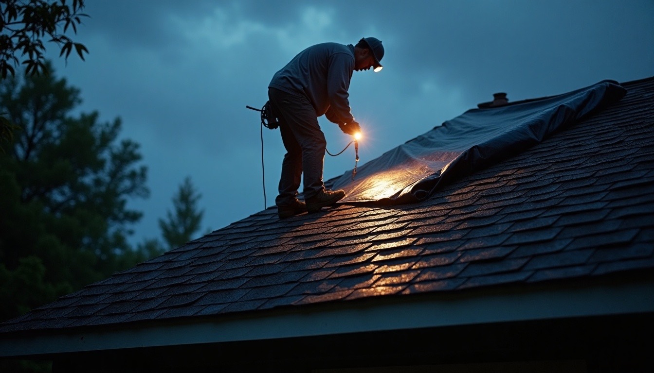 roofer in a headlamp securing a tarp on a wet shingle roof at dusk after a storm, Alabama neighborhood
