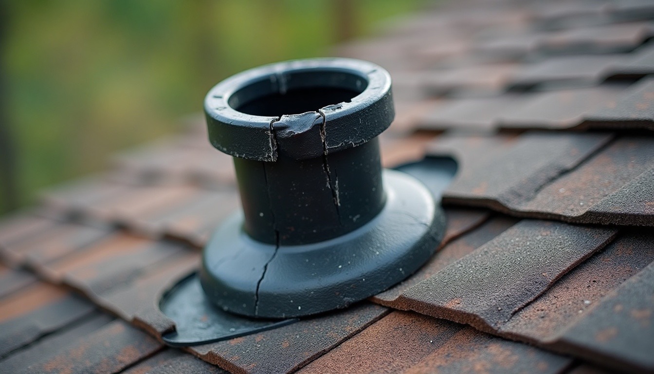 close-up of a cracked rubber pipe boot around a plumbing vent on an aging asphalt shingle roof