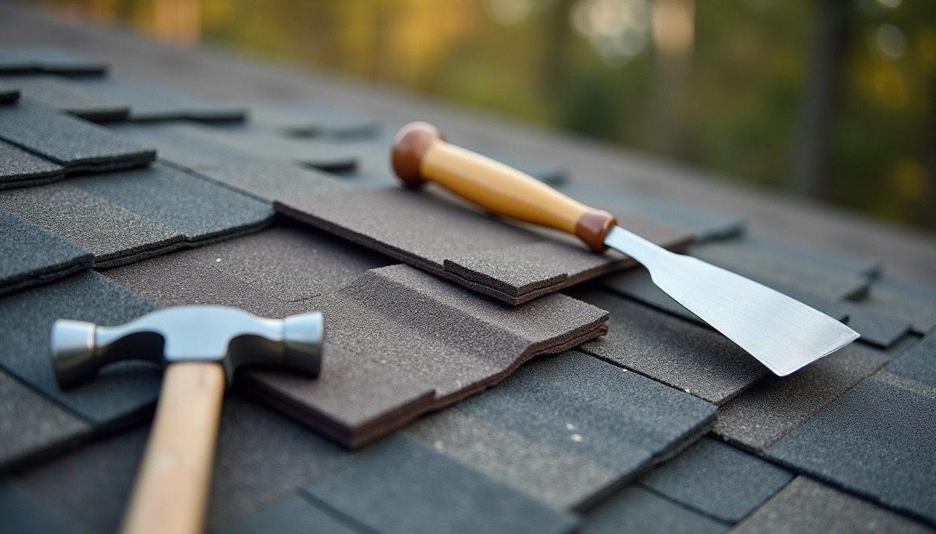 roofing hammer, pry bar, caulk gun and a bundle of architectural shingles laid out on a roof
