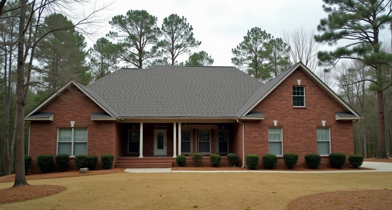 brick home with an architectural shingle roof on a wooded lot in north Tuscaloosa County, pines, cloudy sky