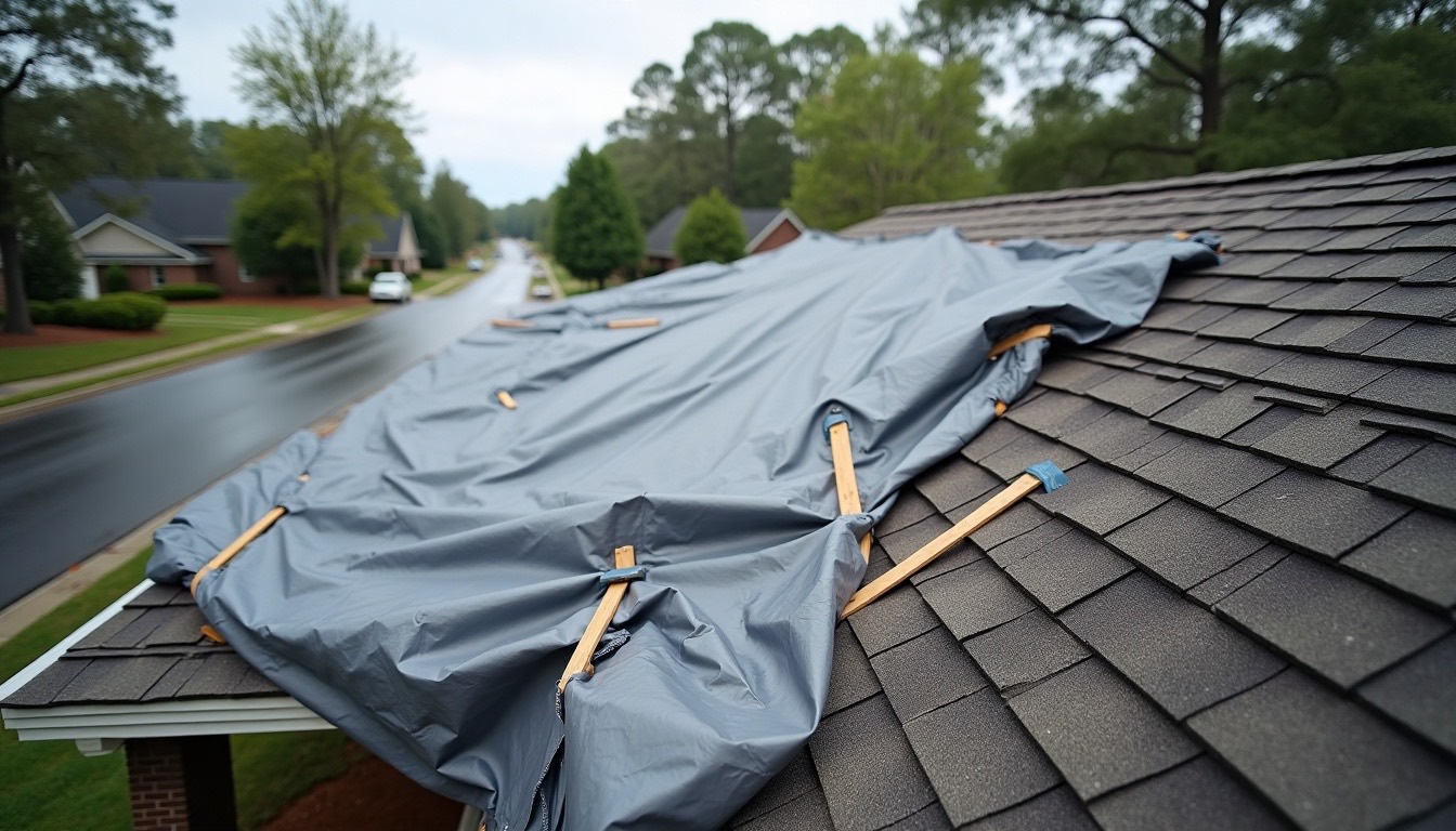blue tarp secured over a damaged shingle roof after a storm, Alabama neighborhood, realistic