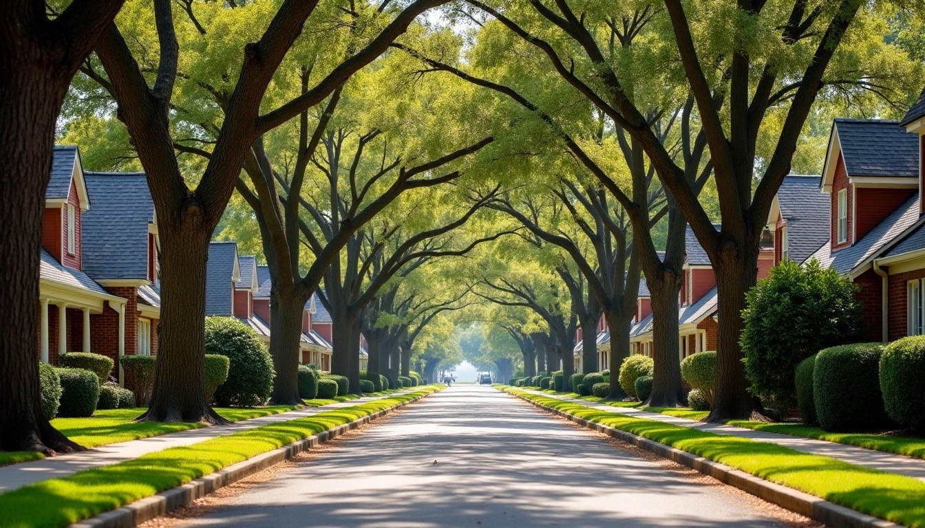 tree-lined Tuscaloosa Alabama residential street, mixed brick homes, roofs visible, realistic