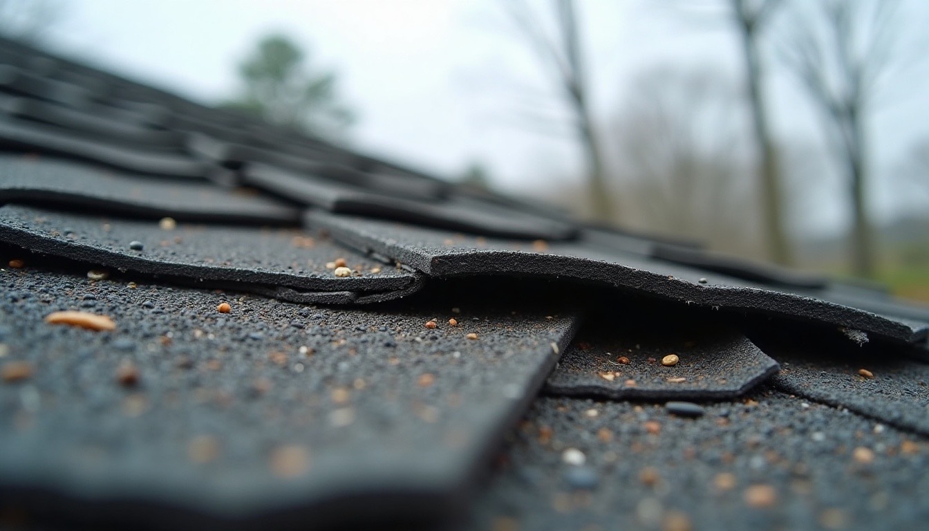 wind-lifted and creased asphalt shingles on a suburban roof after a storm, limbs in the yard